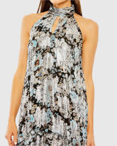 Black Floral High Neck Keyhole Ruffle Mini Dress